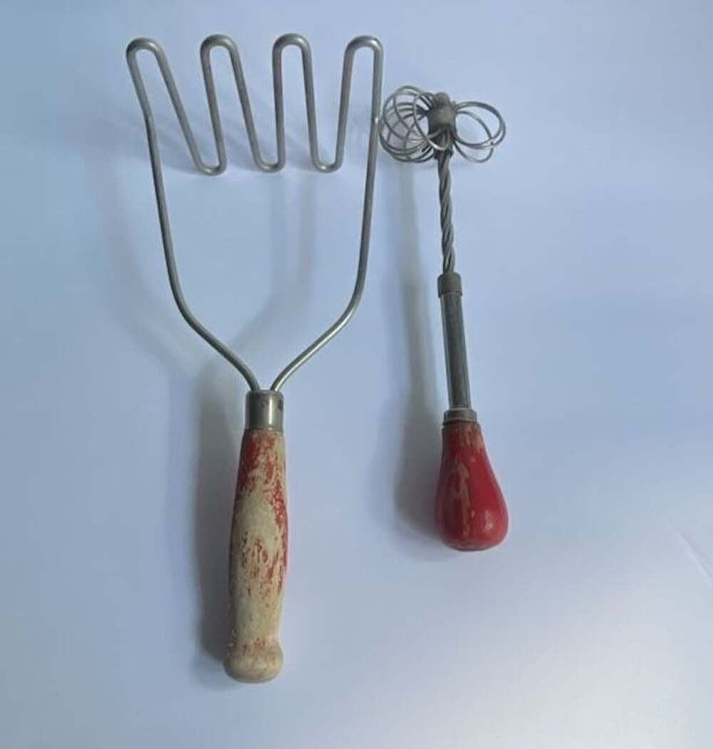 Vintage Potato Masher with Red Wooden Handle and Wire Whisk